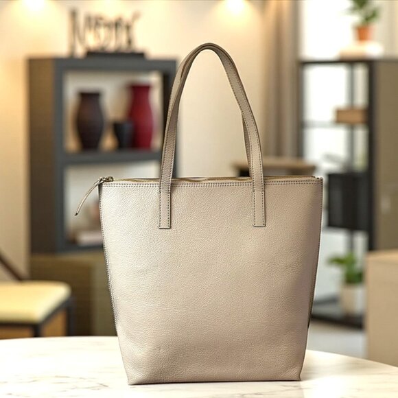 Mark & Graham Beige Pebbled Leather Tote Bag Neutral Minimalist - Picture 1 of 8